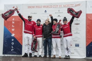 27th January 2019, Lake of St Moritz, St Moritz, Switzerland; Snow Polo World Cup 3rd place match, Azerbaijan Land of Fire versus Cartier;  Team Cartier celebrate the 4th palce on podium  (from L to R) Tito Gaudenzi, Juan Martin Nero, TC Grant Ganzi and Marc Ganzi