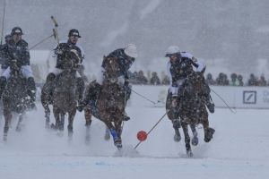 27th January 2019, Lake of St Moritz, St Moritz, Switzerland; Snow Polo World Cup final, Badrutts Palace Hotel versus Maserati; Robert Strom of Maserati Team of Maserati Team competes for the ball with Alfredo Bigatti of Badrutts Palace Hotel Team