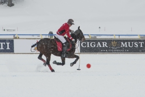 27th January 2019, Lake of St Moritz, St Moritz, Switzerland; Snow Polo World Cup 3rd place match, Azerbaijan Land of Fire versus Cartier; Marc Ganzi of Cartier Team