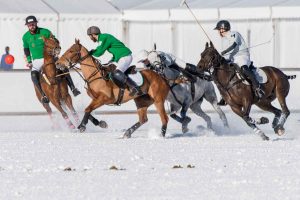 Snow Polo World Cup final Team Azerbaijan Land of Fire versus Clinique La Prairie action during the match